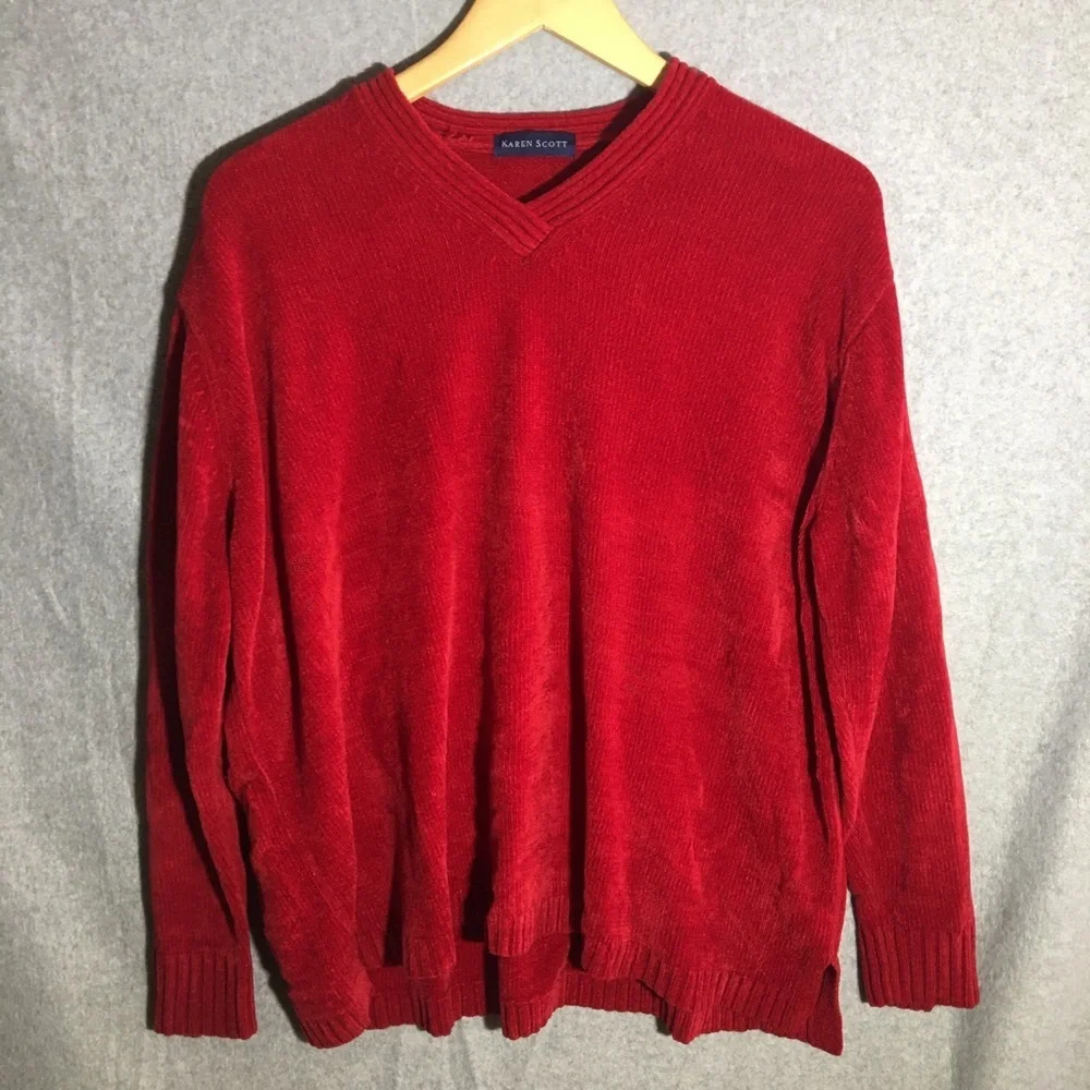Womens Karen Scott Sweater V Neck Corduroy Texture Red Christmas Holiday Party